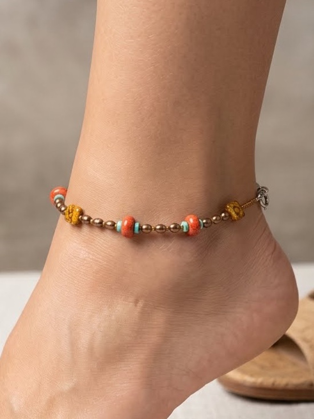 Vintage Beaded Orange & Gold Anklet - Women's Jewelry